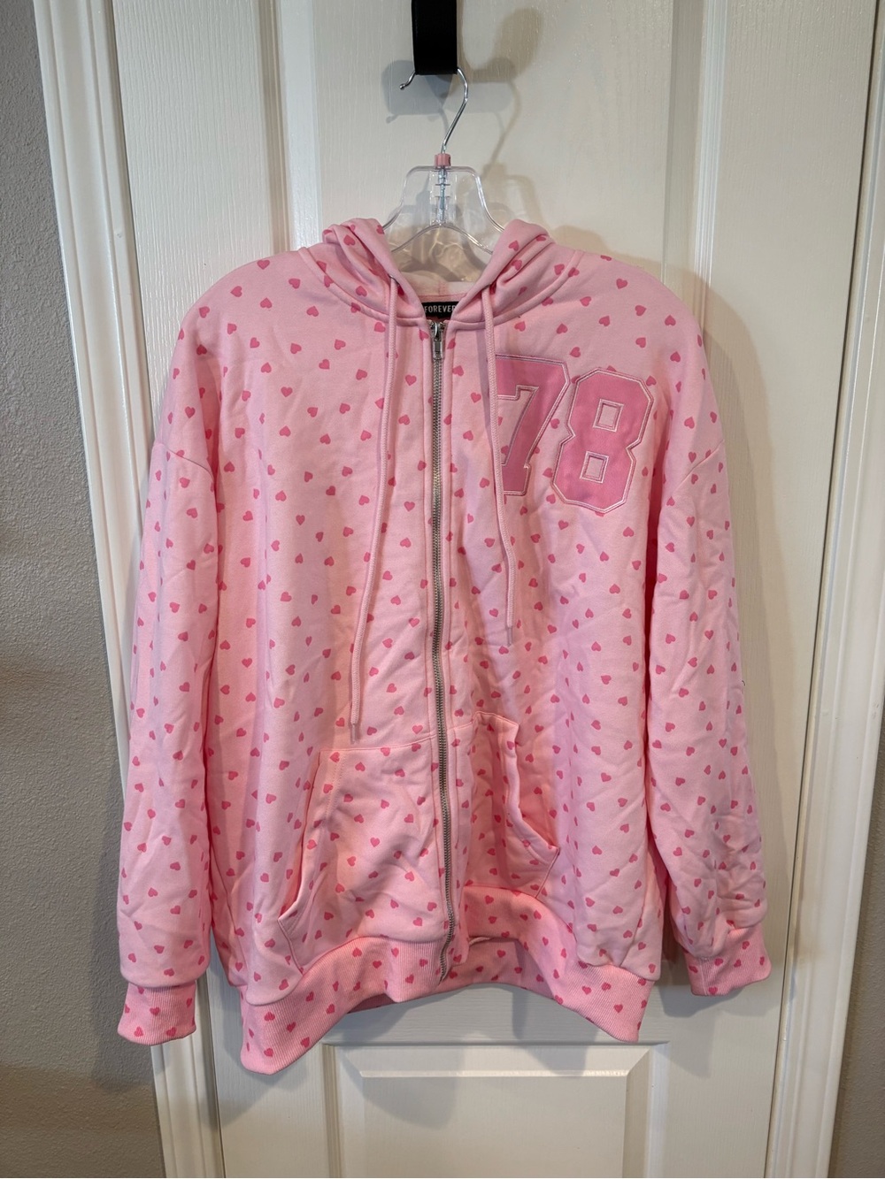 Forever 21 Pink Heart-Print Zip Hoodie with '78 Applique